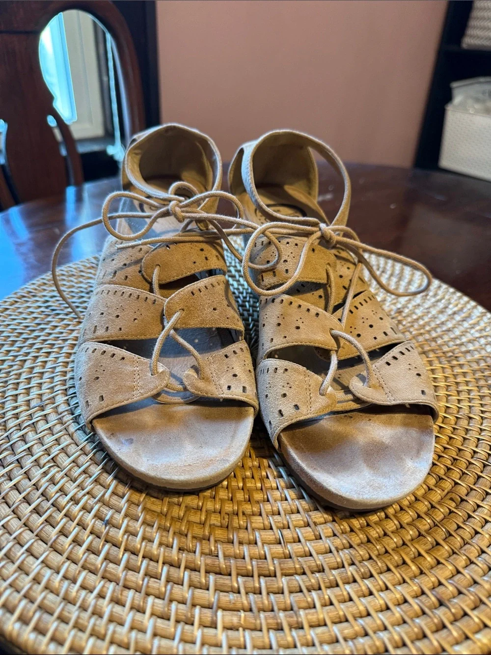 Abeo Tan Suede Lace-Up Cork‎ Wedge Sandals